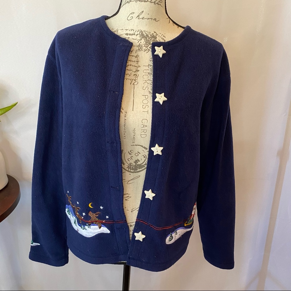 Vintage C & B Christmas Holiday Sweater Star Buttons Santa Appliqués Warm Weatha